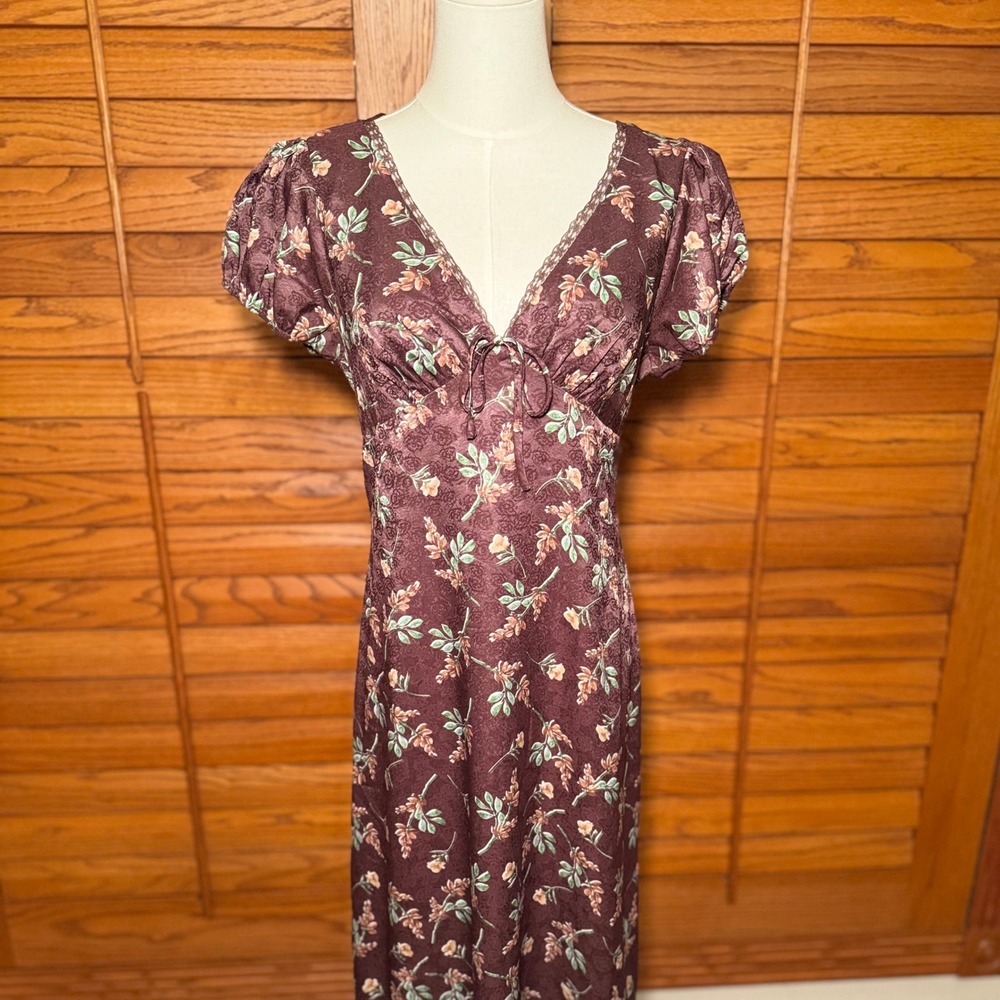 Papermoon Floral Maxi Dress Brown Jacquard V-Neck Puff Sleeve PD19137 Womens M